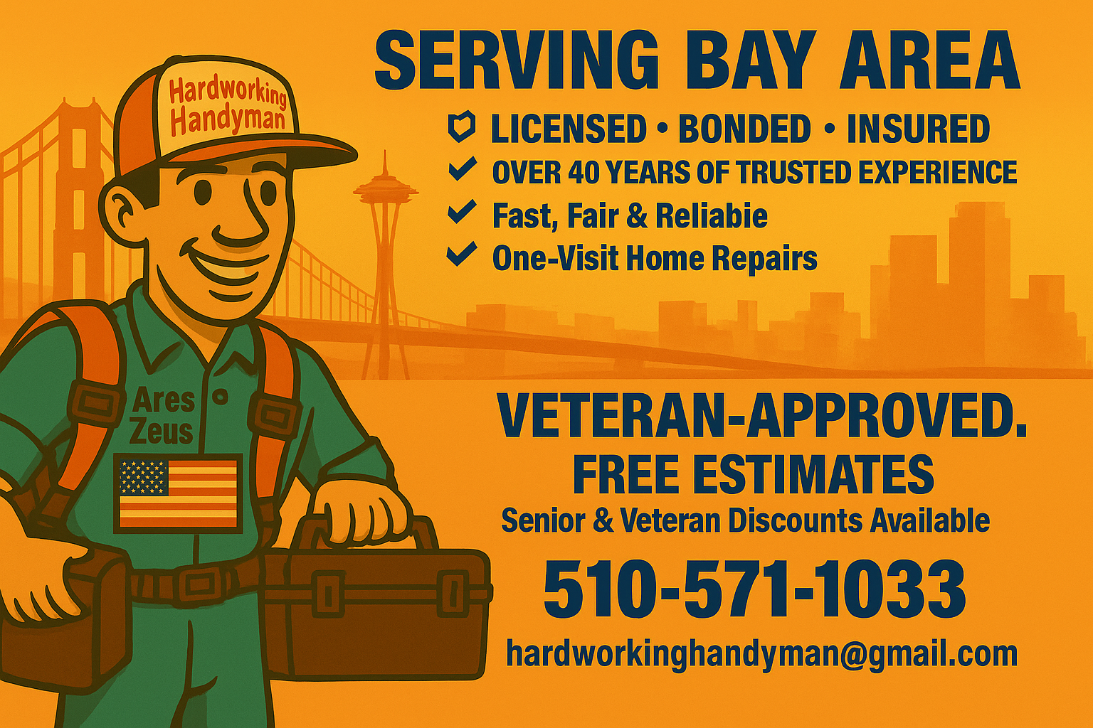 Hardworking Handyman Services Banner showing cartoon tradesmen for Home Improvement, Maintenance, Windows, Repair, Painting, Troubleshooting, Electrical, and Carpentry & Build – Serving the Bay Area California