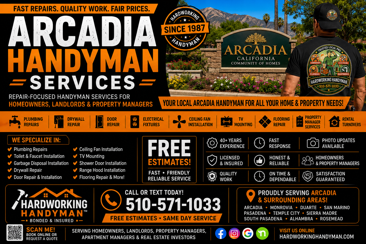 Arcadia handyman services by Hardworking Handyman featuring home repairs, drywall repair, plumbing fixture replacement, electrical fixture installation, deck repair, and free estimates in Arcadia California