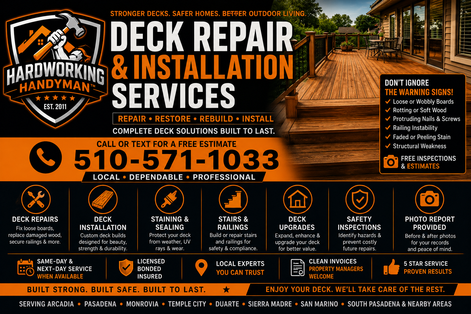 Arcadia deck repair and patio repair handyman services for loose boards, railings, steps, dry rot repair, exterior wood repairs, and deck maintenance in Arcadia California