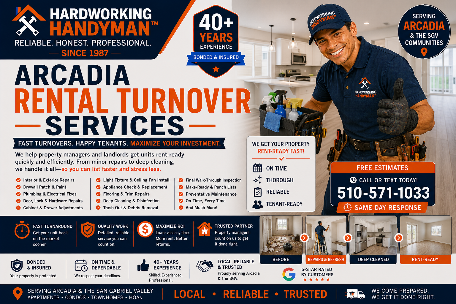 Arcadia Rental Turnover Services for rental property repairs, apartment maintenance, rental turnovers, tenant damage repairs, make-ready handyman service, work orders and punch lists